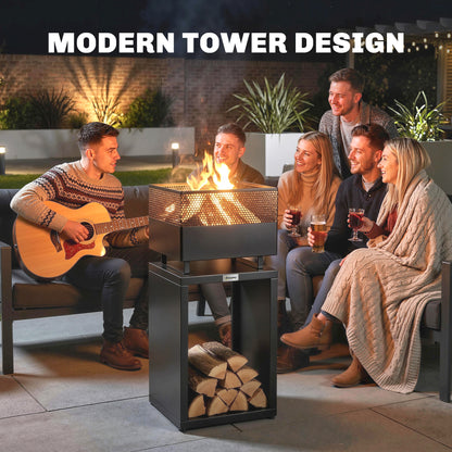 Fire Pit Tower with Wood Storage, 15.4 x 15.4 x 34.3 in — Coal Grate & Adjustable Feet, Black
