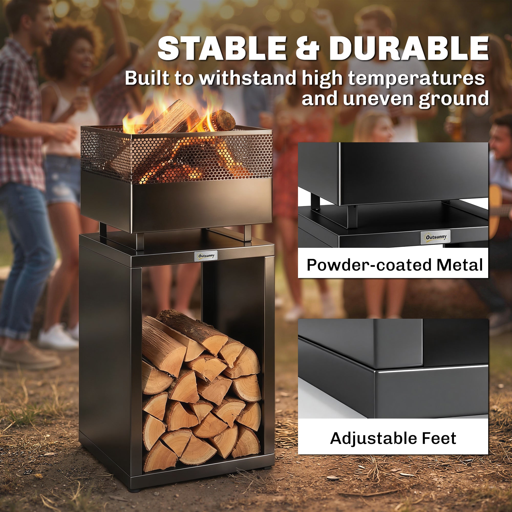 Fire Pit Tower with Wood Storage, 15.4 x 15.4 x 34.3 in — Coal Grate & Adjustable Feet, Black