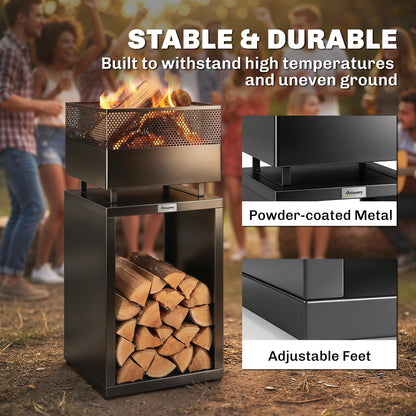 Fire Pit Tower with Wood Storage, 15.4 x 15.4 x 34.3 in — Coal Grate & Adjustable Feet, Black