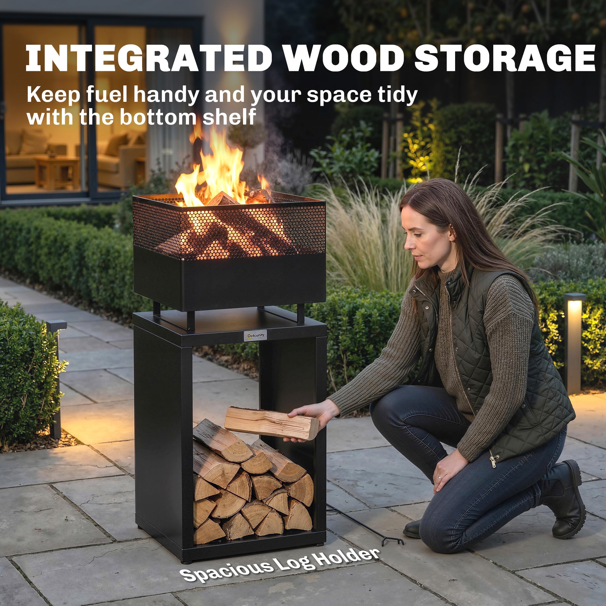 Fire Pit Tower with Wood Storage, 15.4 x 15.4 x 34.3 in — Coal Grate & Adjustable Feet, Black