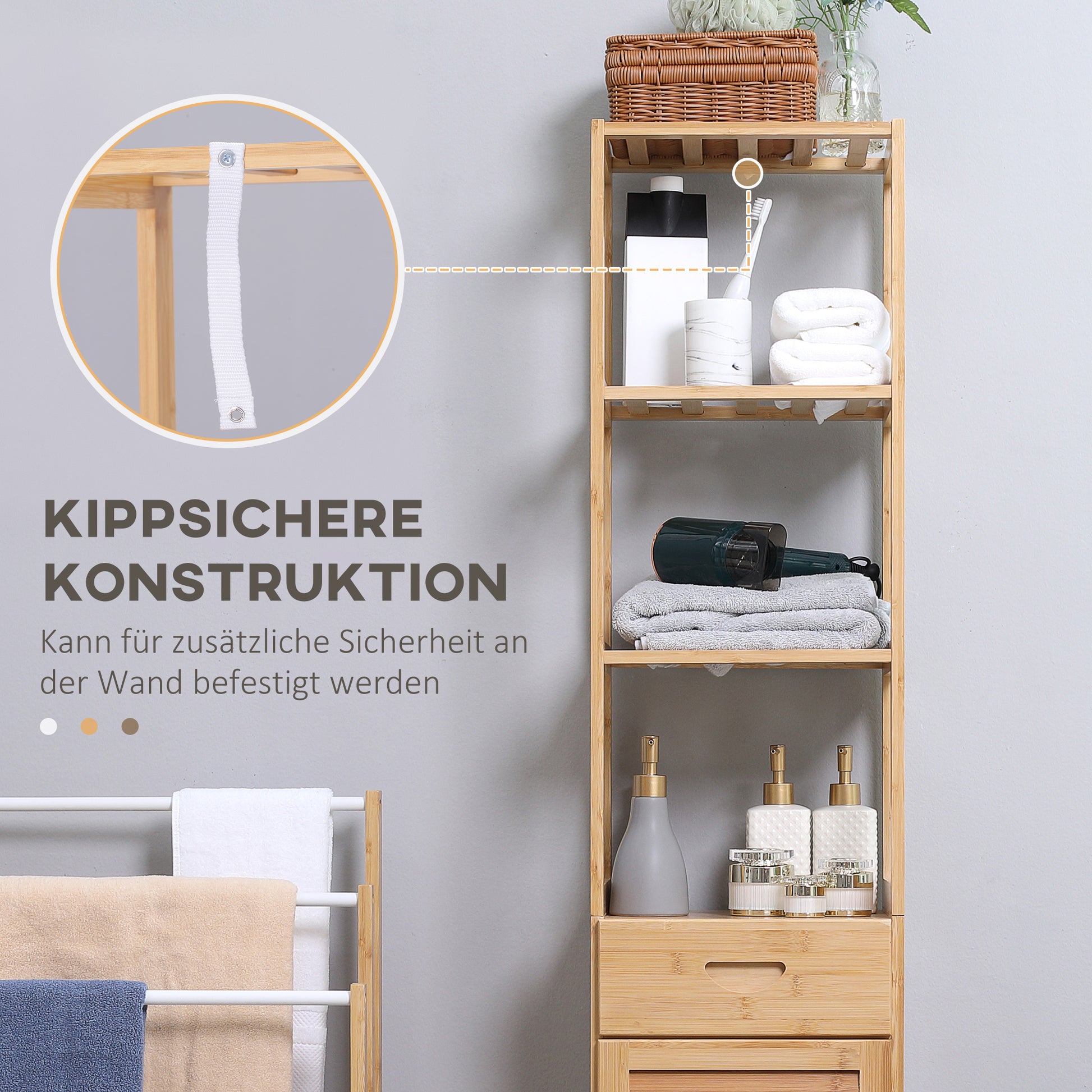 Bathroom Cabinet Storage Cabinet with Drawer, Three Shelves, Open Compartment, Bamboo, Tall Cabinet for Bathroom and Living Room, 32 x 30 x 163 cm Natural Wood