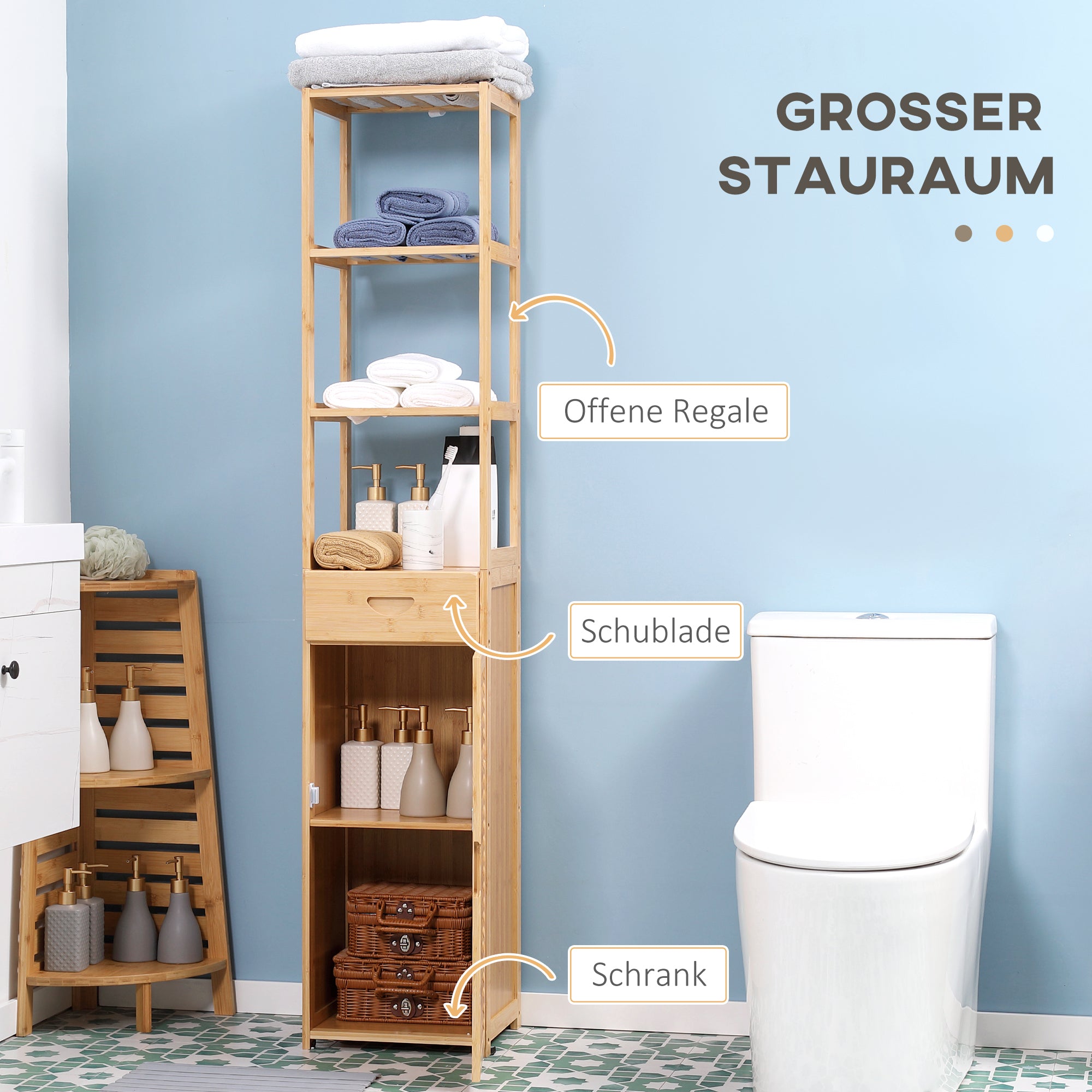 Bathroom Cabinet Storage Cabinet with Drawer, Three Shelves, Open Compartment, Bamboo, Tall Cabinet for Bathroom and Living Room, 32 x 30 x 163 cm Natural Wood