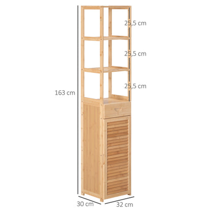 Bathroom Cabinet Storage Cabinet with Drawer, Three Shelves, Open Compartment, Bamboo, Tall Cabinet for Bathroom and Living Room, 32 x 30 x 163 cm Natural Wood