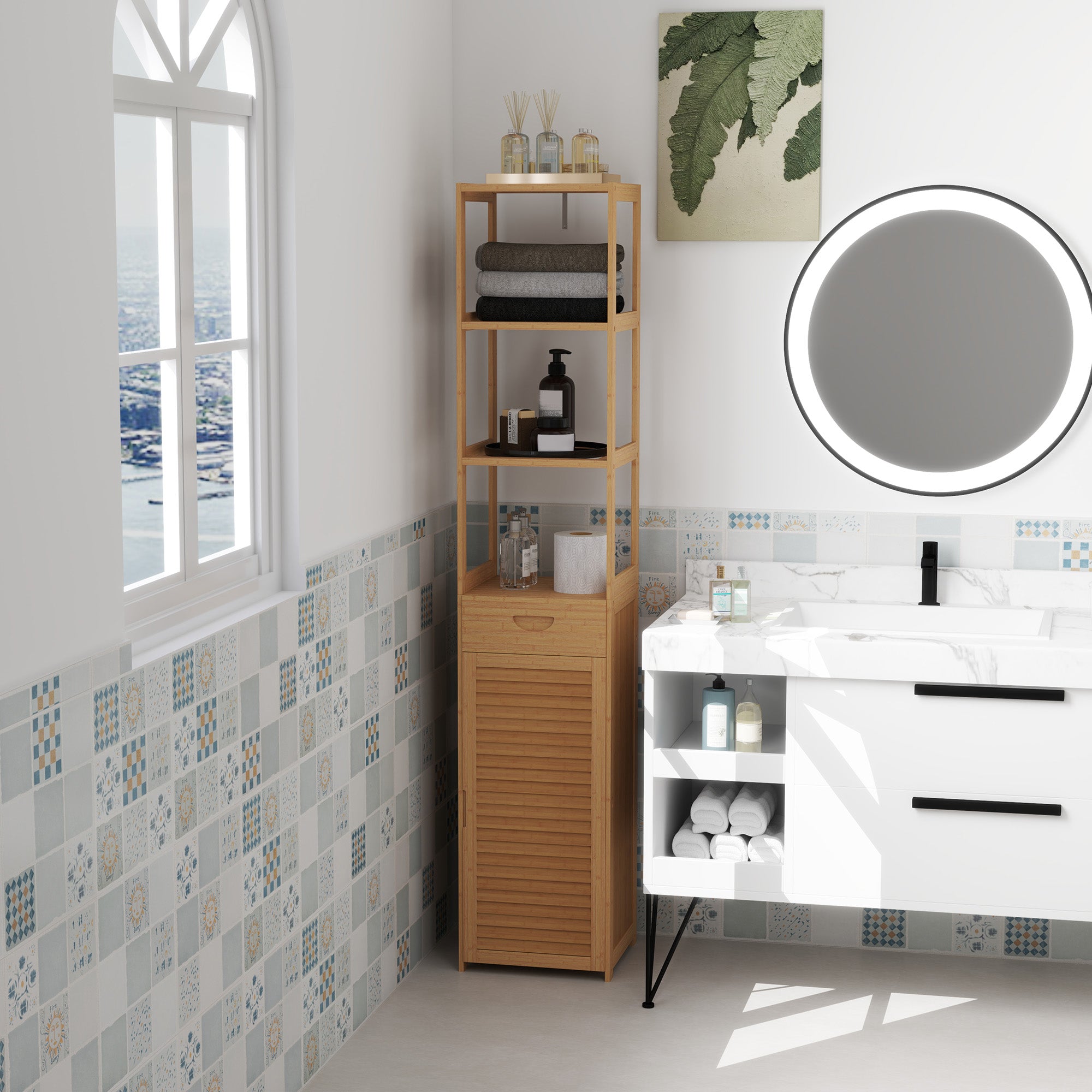Bathroom Cabinet Storage Cabinet with Drawer, Three Shelves, Open Compartment, Bamboo, Tall Cabinet for Bathroom and Living Room, 32 x 30 x 163 cm Natural Wood