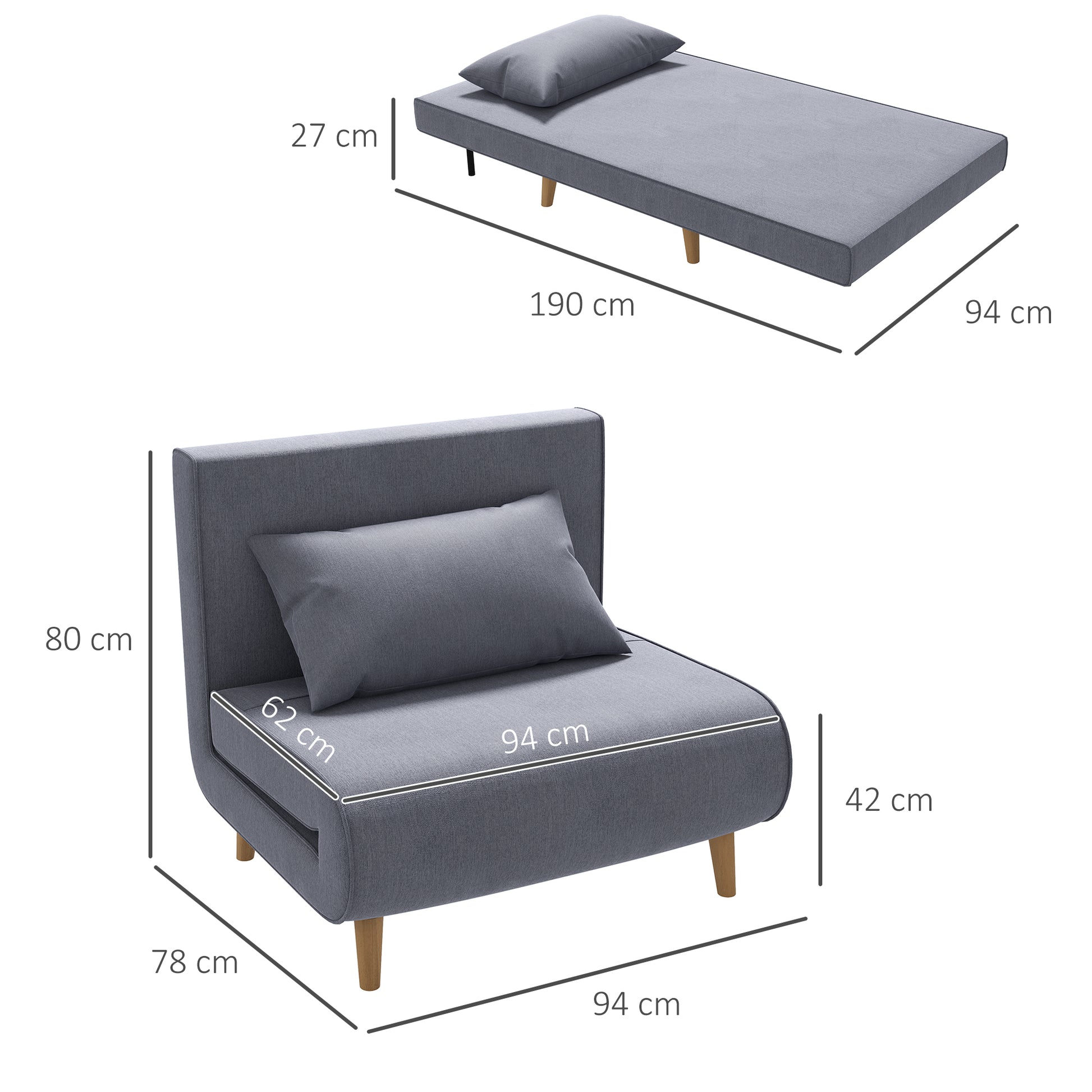 Single Sofa Sleeper Sofa Bed Foldable Sofa Adjustable Backrest Recliner Nordic Scandinavian 25D Foam Home Linen Imitation Pine Gray 94 x 78 x 80 cm