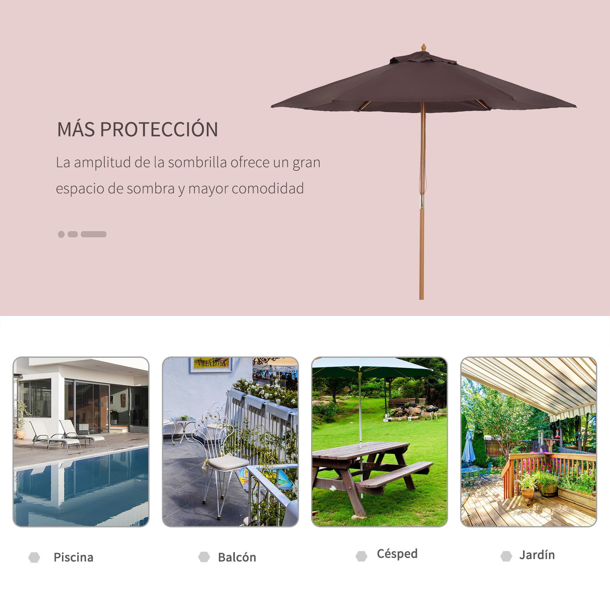 Garden Umbrella Ø250x230 cm Terrace Parasol with 6 Bamboo Ribs Detachable Post Anti-UV Waterproof Wood Frame for Beach Patio Brown