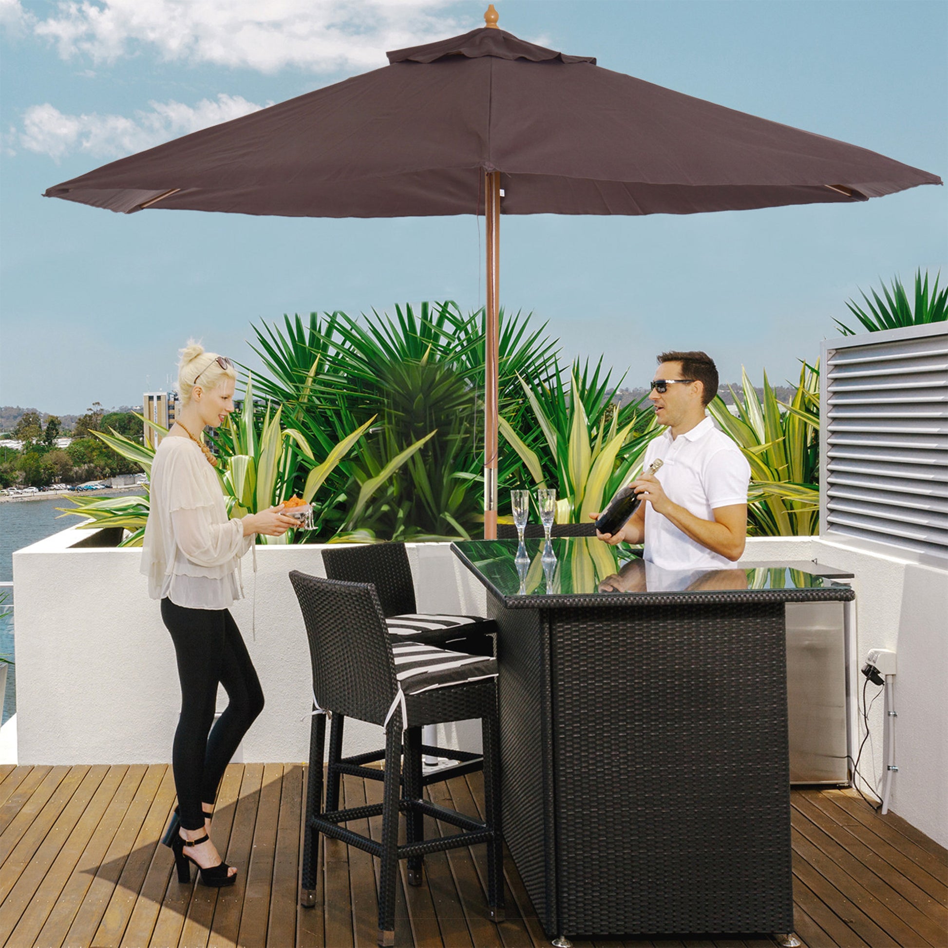 Garden Umbrella Ø250x230 cm Terrace Parasol with 6 Bamboo Ribs Detachable Post Anti-UV Waterproof Wood Frame for Beach Patio Brown