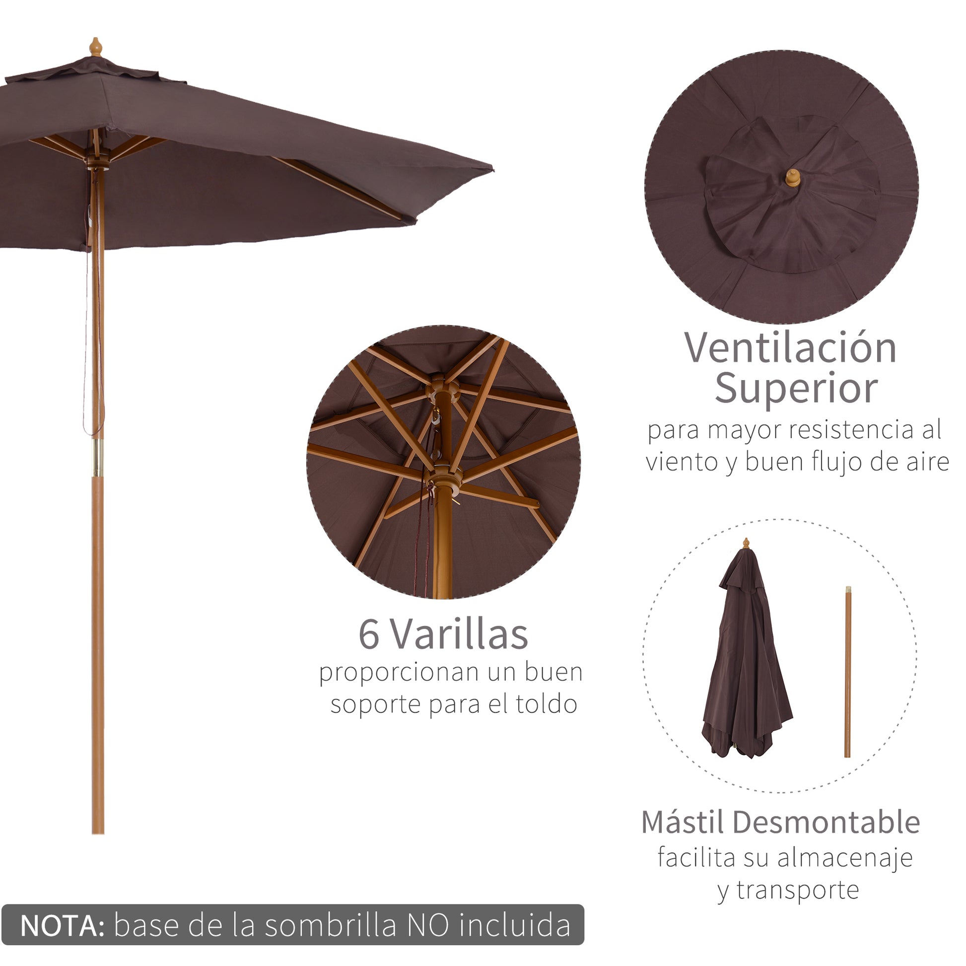 Garden Umbrella Ø250x230 cm Terrace Parasol with 6 Bamboo Ribs Detachable Post Anti-UV Waterproof Wood Frame for Beach Patio Brown