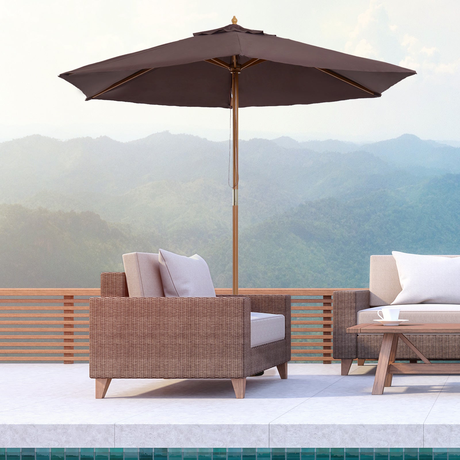 Garden Umbrella Ø250x230 cm Terrace Parasol with 6 Bamboo Ribs Detachable Post Anti-UV Waterproof Wood Frame for Beach Patio Brown