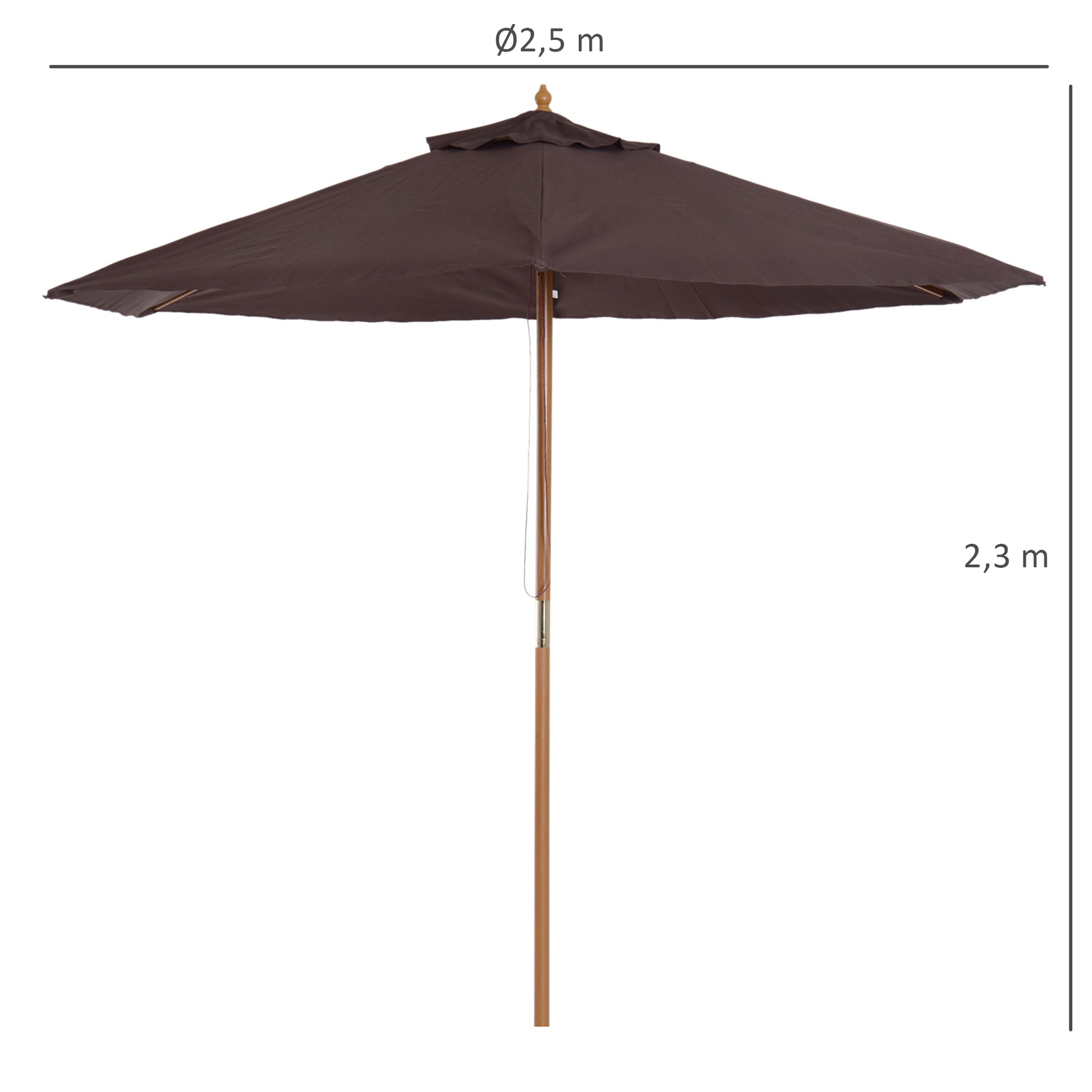 Garden Umbrella Ø250x230 cm Terrace Parasol with 6 Bamboo Ribs Detachable Post Anti-UV Waterproof Wood Frame for Beach Patio Brown