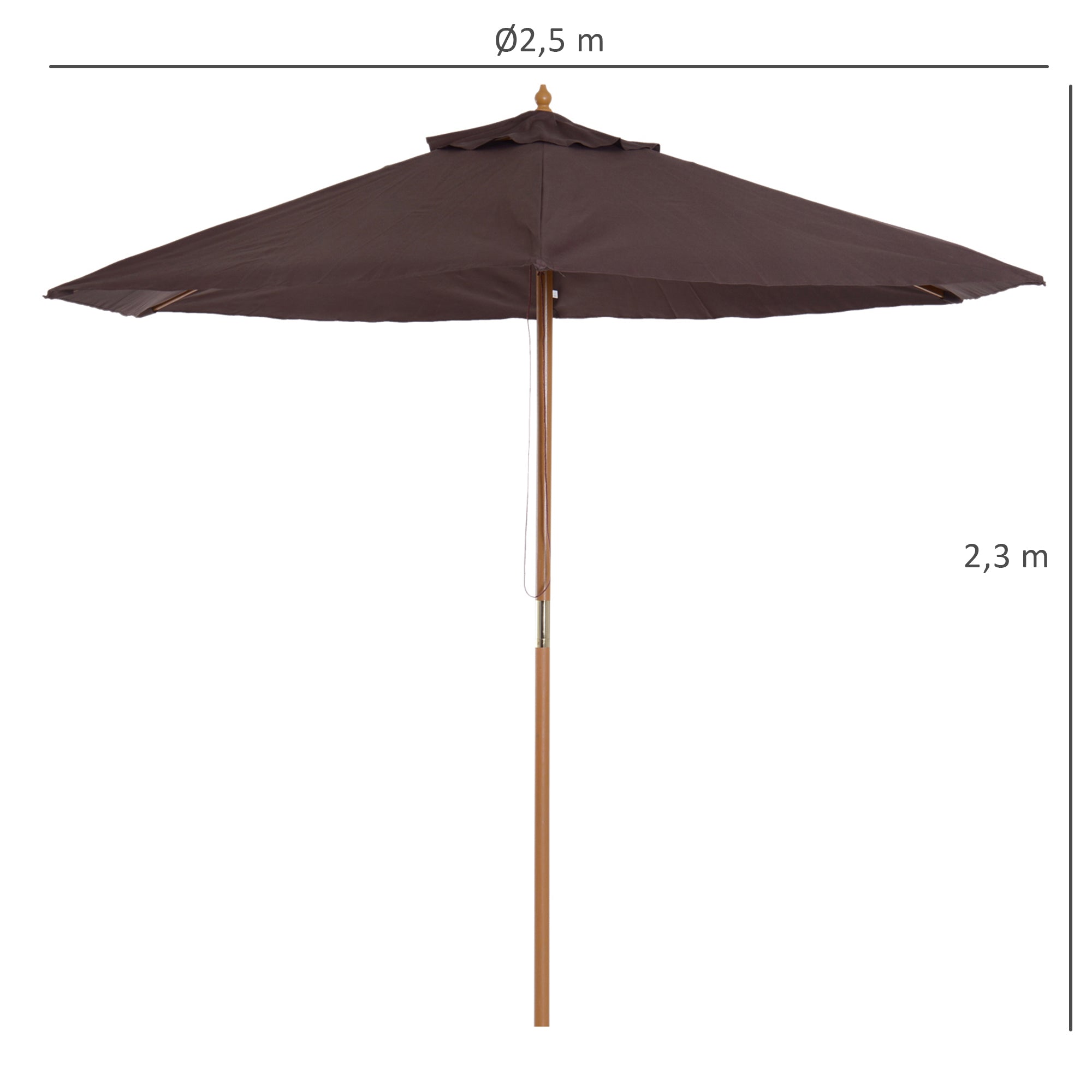 Garden Umbrella Ø250x230 cm Terrace Parasol with 6 Bamboo Ribs Detachable Post Anti-UV Waterproof Wood Frame for Beach Patio Brown