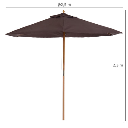 Garden Umbrella Ø250x230 cm Terrace Parasol with 6 Bamboo Ribs Detachable Post Anti-UV Waterproof Wood Frame for Beach Patio Brown