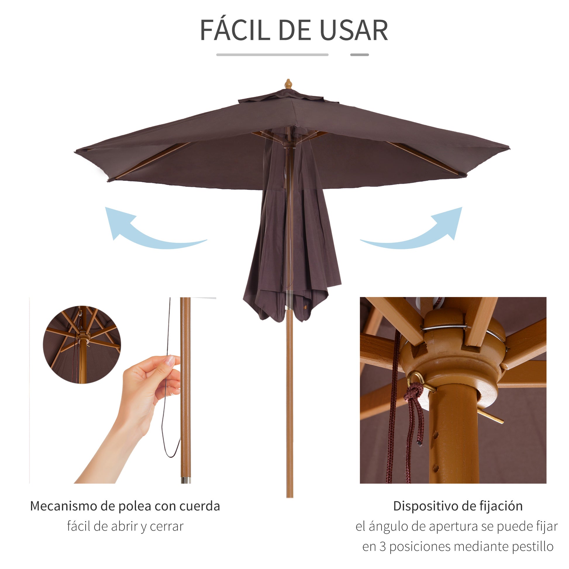 Garden Umbrella Ø250x230 cm Terrace Parasol with 6 Bamboo Ribs Detachable Post Anti-UV Waterproof Wood Frame for Beach Patio Brown
