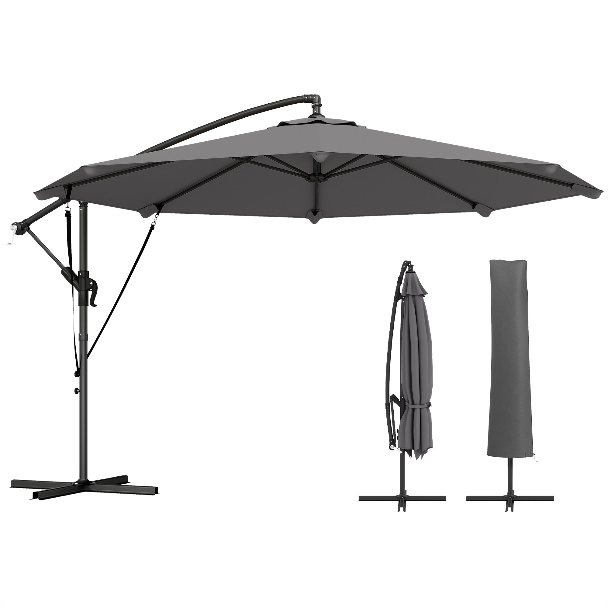 Offset Umbrella, Ø2.95 m (9.7 ft), Garden Parasol with Cross Base, Crank, Protective Cover and Wind Ropes, UPF30+, for Patio, Dark Gray