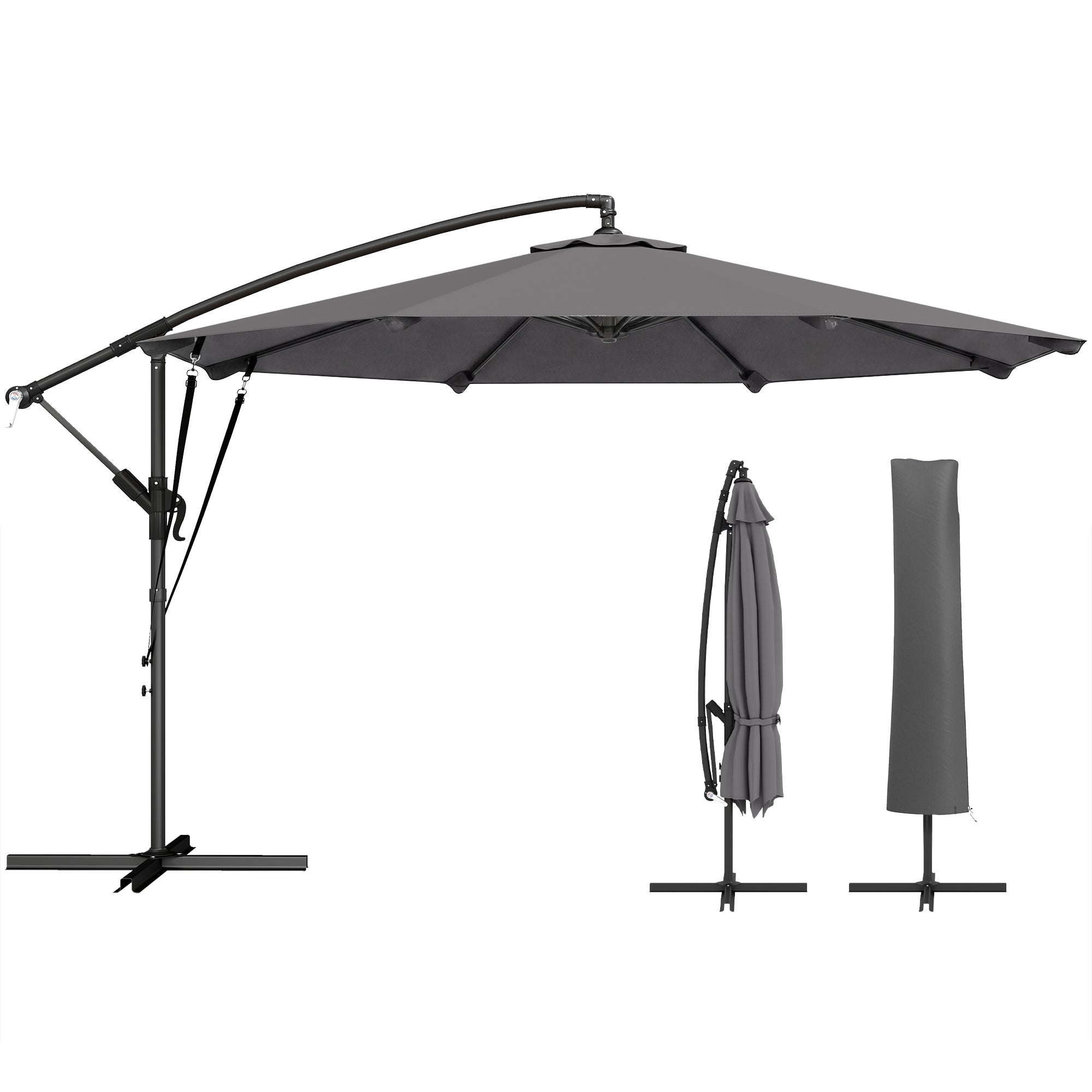 Offset Umbrella, Ø2.95 m (9.7 ft), Garden Parasol with Cross Base, Crank, Protective Cover and Wind Ropes, UPF30+, for Patio, Dark Gray