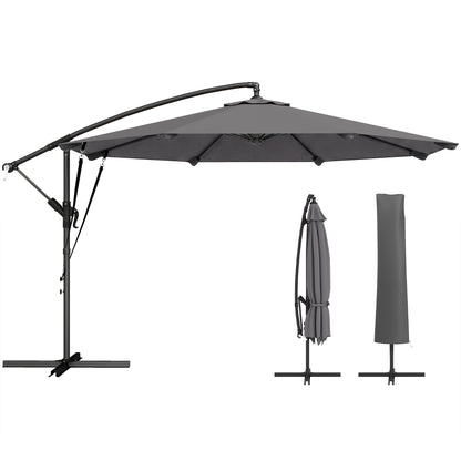 Offset Umbrella, Ø2.95 m (9.7 ft), Garden Parasol with Cross Base, Crank, Protective Cover and Wind Ropes, UPF30+, for Patio, Dark Gray