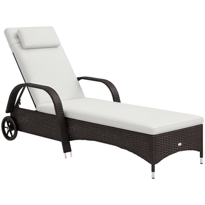 Sun Lounger Polyrattan Garden Lounger with 5-way Adjustable Backrest, Cushion, Wheels, Pillow, 160kg Load Capacity Recliner Sunbed for Garden, 200x73x30-103cm, Coffee Brown
