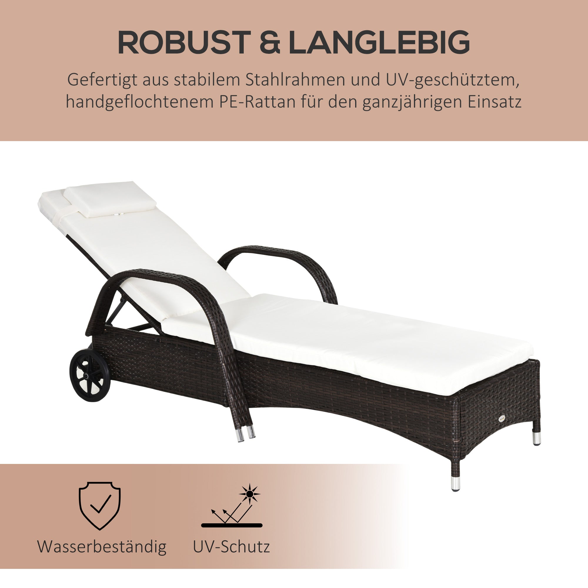 Sun Lounger Polyrattan Garden Lounger with 5-way Adjustable Backrest, Cushion, Wheels, Pillow, 160kg Load Capacity Recliner Sunbed for Garden, 200x73x30-103cm, Coffee Brown