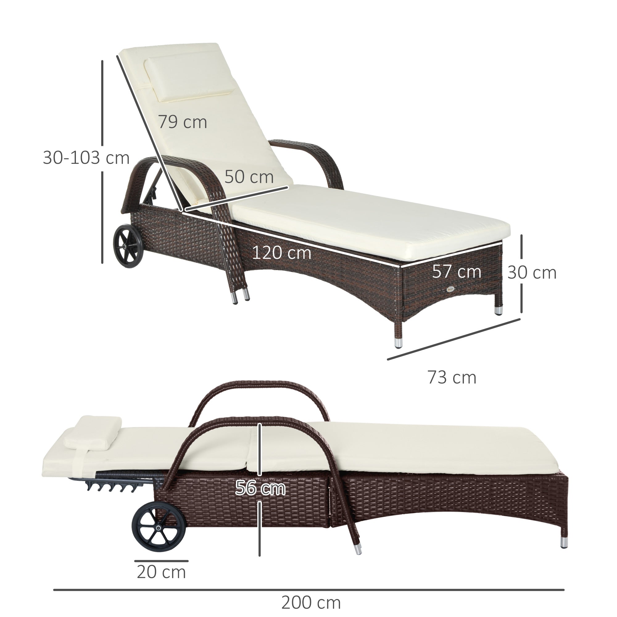 Sun Lounger Polyrattan Garden Lounger with 5-way Adjustable Backrest, Cushion, Wheels, Pillow, 160kg Load Capacity Recliner Sunbed for Garden, 200x73x30-103cm, Coffee Brown