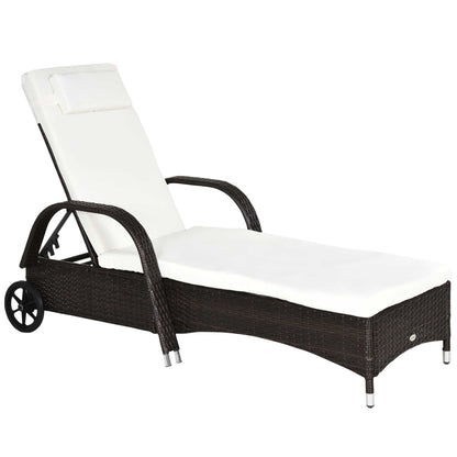 Sun Lounger Polyrattan Garden Lounger with 5-way Adjustable Backrest, Cushion, Wheels, Pillow, 160kg Load Capacity Recliner Sunbed for Garden, 200x73x30-103cm, Coffee Brown