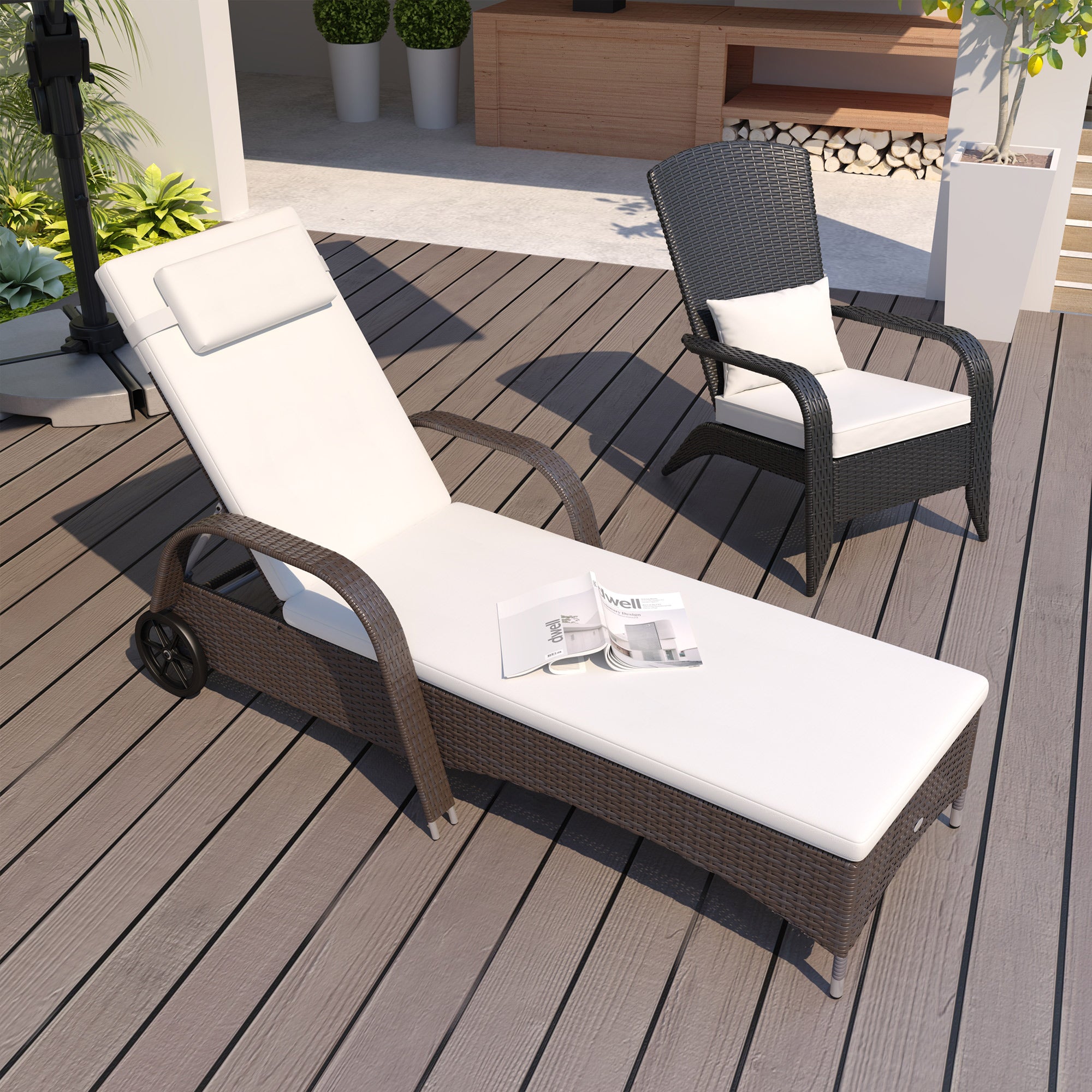 Sun Lounger Polyrattan Garden Lounger with 5-way Adjustable Backrest, Cushion, Wheels, Pillow, 160kg Load Capacity Recliner Sunbed for Garden, 200x73x30-103cm, Coffee Brown