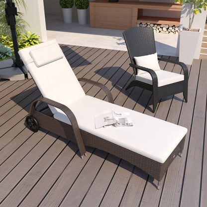 Sun Lounger Polyrattan Garden Lounger with 5-way Adjustable Backrest, Cushion, Wheels, Pillow, 160kg Load Capacity Recliner Sunbed for Garden, 200x73x30-103cm, Coffee Brown
