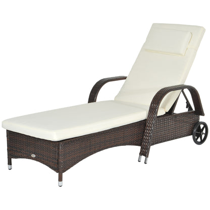 Sun Lounger Polyrattan Garden Lounger with 5-way Adjustable Backrest, Cushion, Wheels, Pillow, 160kg Load Capacity Recliner Sunbed for Garden, 200x73x30-103cm, Coffee Brown