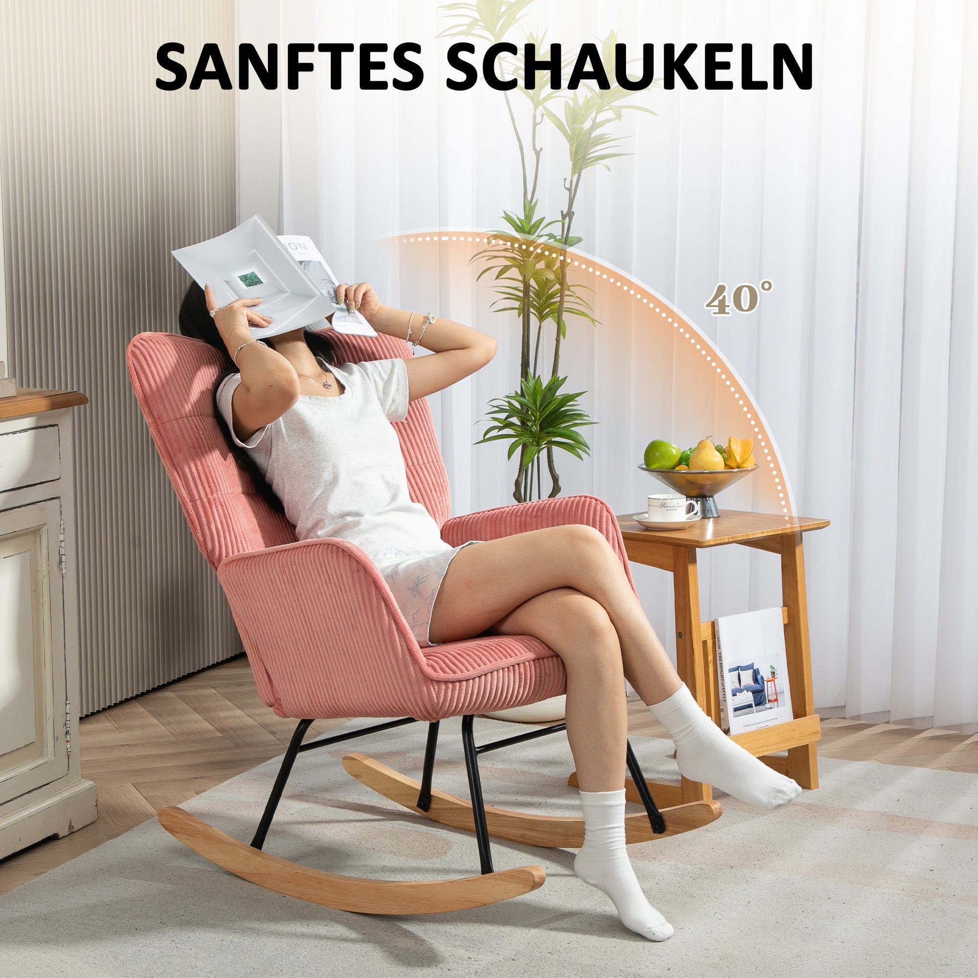 Rocking Chair, Rocking Armchair with Corduroy Look, Armrest, Padded Chair with Wooden Rockers, Relax Chair for Living Room, Bedroom, up to 120kg Load Capacity, Pink