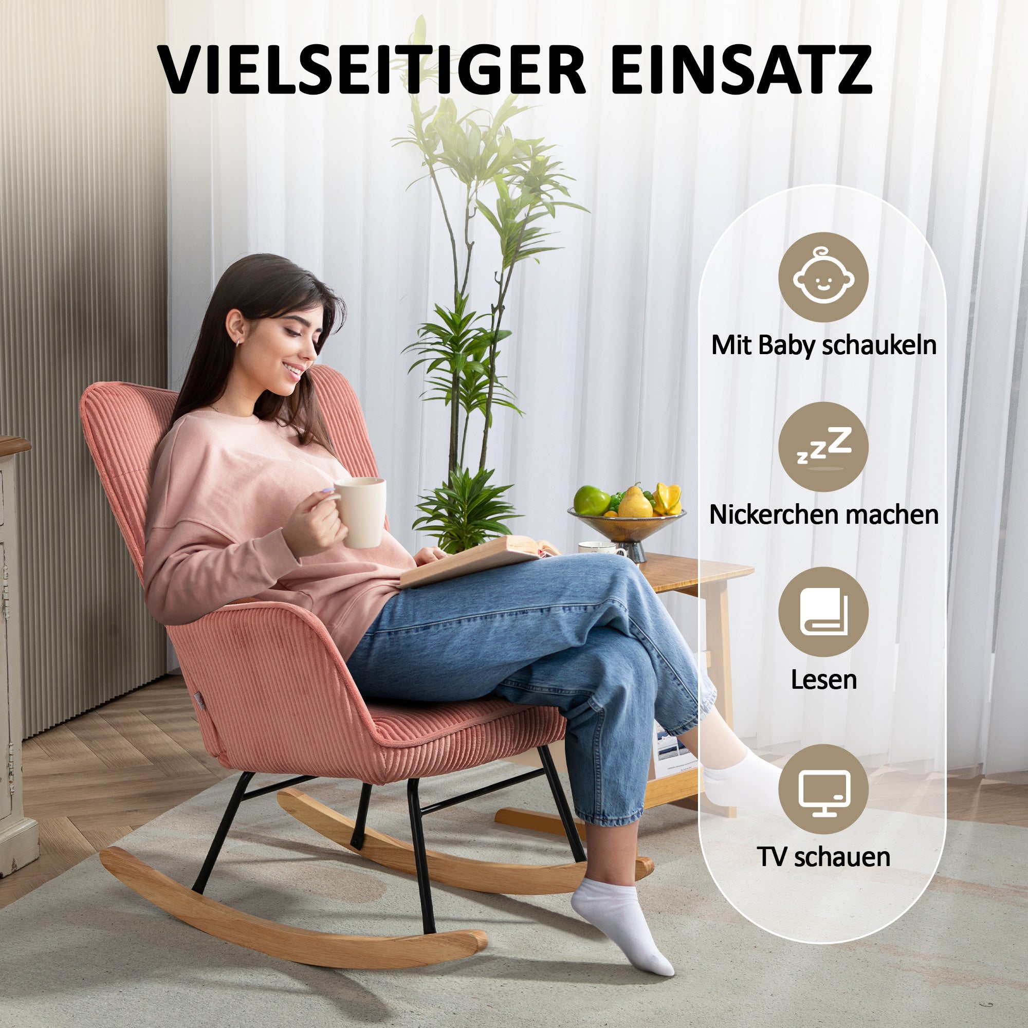 Rocking Chair, Rocking Armchair with Corduroy Look, Armrest, Padded Chair with Wooden Rockers, Relax Chair for Living Room, Bedroom, up to 120kg Load Capacity, Pink