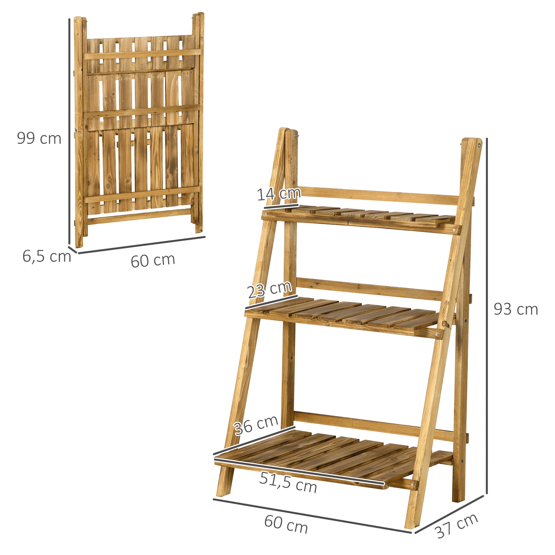 3-Tier Plant Stand, Foldable 93 cm High Flower Stand for Indoor Outdoor, Wooden Plant Shelf, Flower Pot Stand with Trays, Flower Steps for Living Room, Garden Balcony, Dark Brown