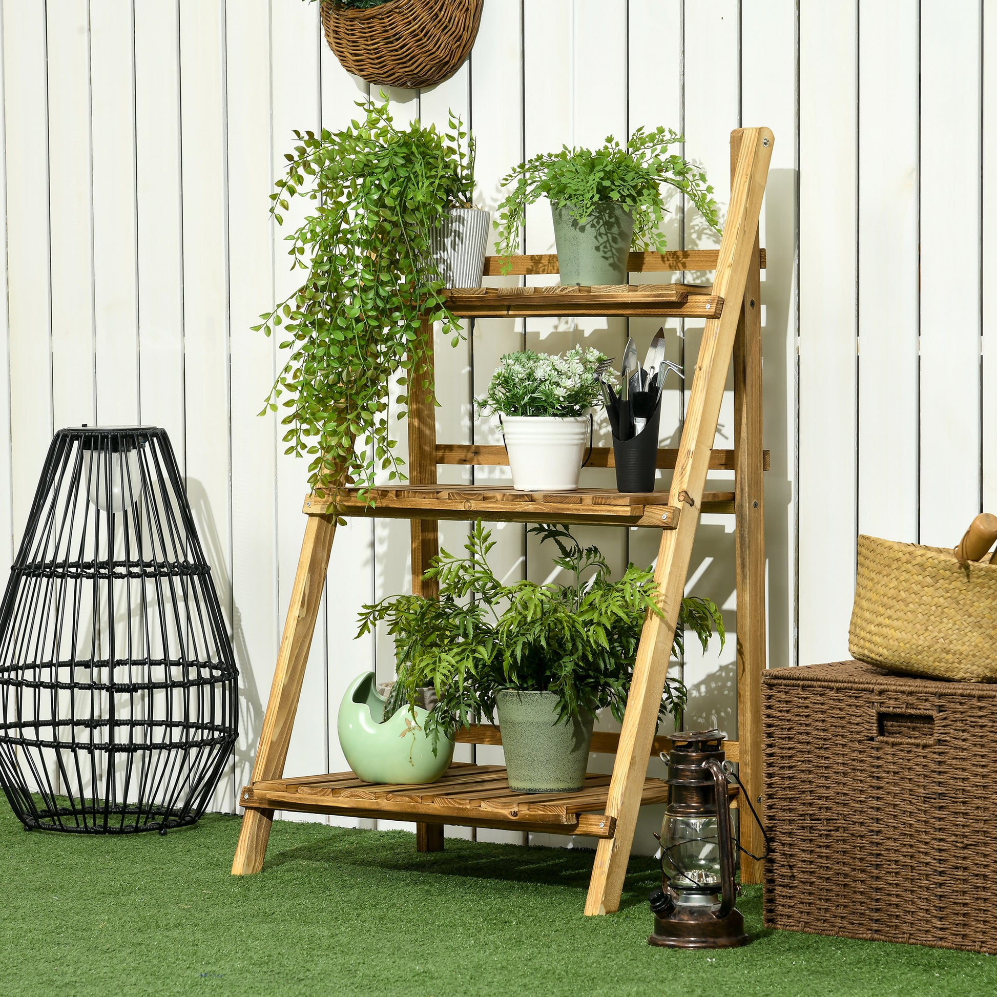 3-Tier Plant Stand, Foldable 93 cm High Flower Stand for Indoor Outdoor, Wooden Plant Shelf, Flower Pot Stand with Trays, Flower Steps for Living Room, Garden Balcony, Dark Brown