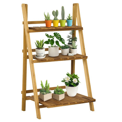 3-Tier Plant Stand, Foldable 93 cm High Flower Stand for Indoor Outdoor, Wooden Plant Shelf, Flower Pot Stand with Trays, Flower Steps for Living Room, Garden Balcony, Dark Brown