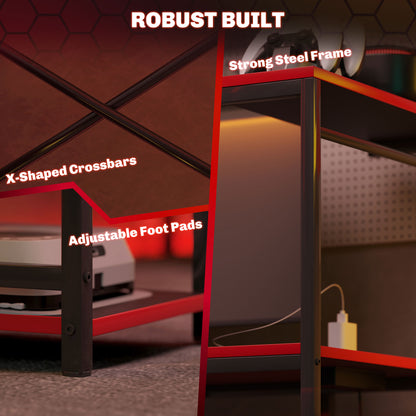 Bureau de Gaming HOMCOM avec Éclairage LED 110x50 cm Bureau de Gaming en Fibre de Carbone avec Prises Électriques, Étagères et Télécommande pour Bureau ou Étude Noir