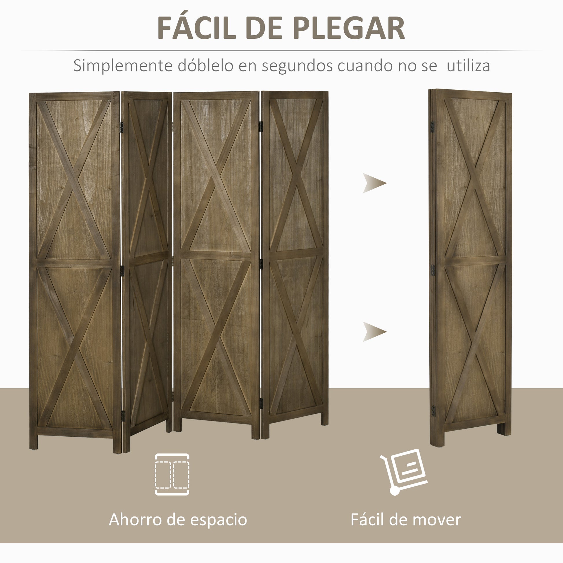 4-Panel Room Divider 182x170 cm Foldable Room Separator for Living Room Bedroom Office Brown Grayish