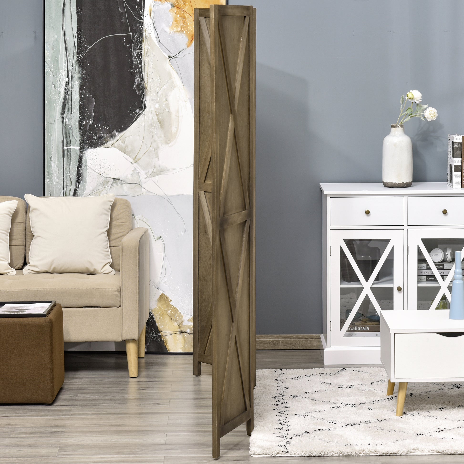 4-Panel Room Divider 182x170 cm Foldable Room Separator for Living Room Bedroom Office Brown Grayish