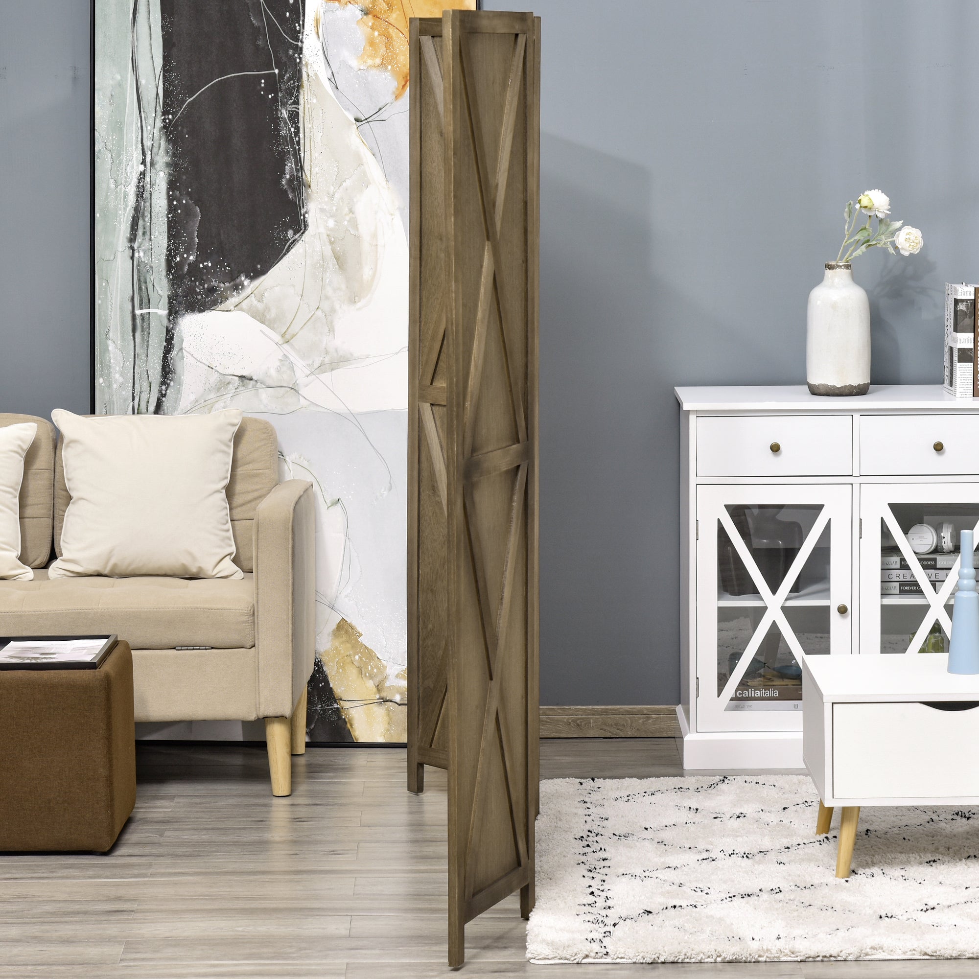 4-Panel Room Divider 182x170 cm Foldable Room Separator for Living Room Bedroom Office Brown Grayish
