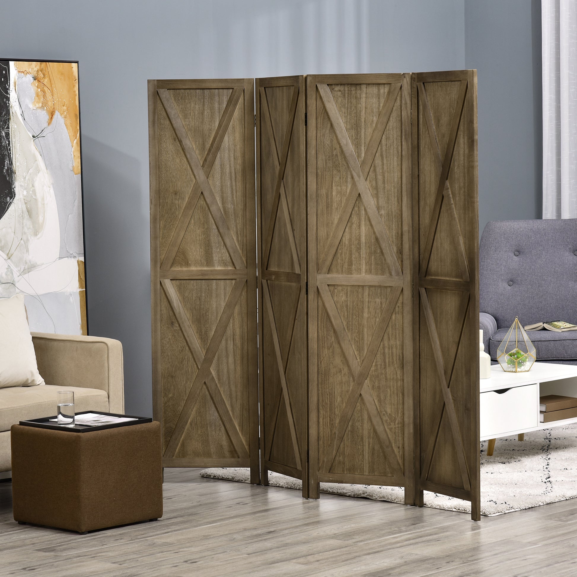 4-Panel Room Divider 182x170 cm Foldable Room Separator for Living Room Bedroom Office Brown Grayish