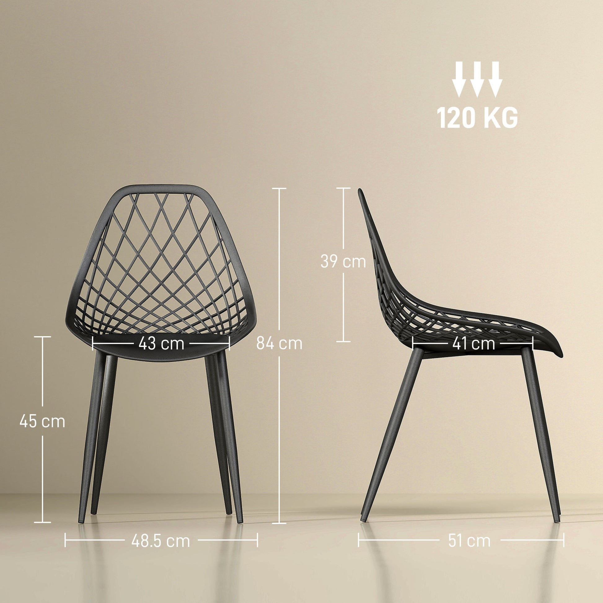 Set of 4 Dining Room Chairs, Modern Kitchen Chairs with Curved Perforated Backrest and Metal Legs, Plastic Chair for Kitchen, Bedroom, and Living Room, Black