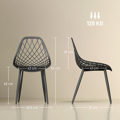 Set of 4 Dining Room Chairs, Modern Kitchen Chairs with Curved Perforated Backrest and Metal Legs, Plastic Chair for Kitchen, Bedroom, and Living Room, Black