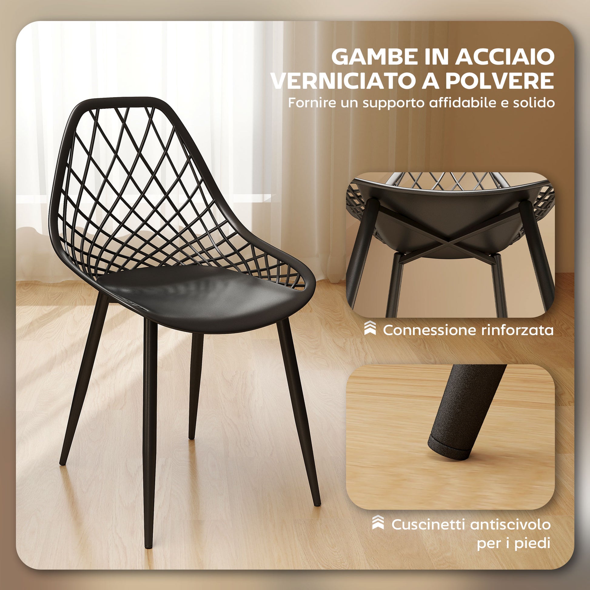 Set of 4 Dining Room Chairs, Modern Kitchen Chairs with Curved Perforated Backrest and Metal Legs, Plastic Chair for Kitchen, Bedroom, and Living Room, Black