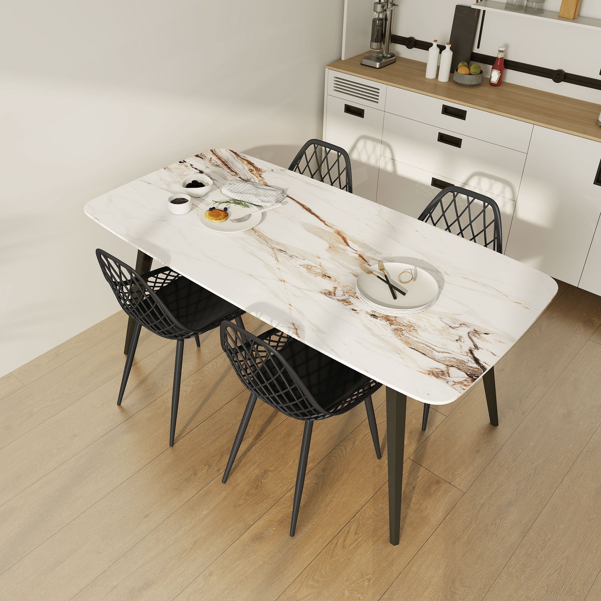 Set of 4 Dining Room Chairs, Modern Kitchen Chairs with Curved Perforated Backrest and Metal Legs, Plastic Chair for Kitchen, Bedroom, and Living Room, Black