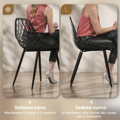 Set of 4 Dining Room Chairs, Modern Kitchen Chairs with Curved Perforated Backrest and Metal Legs, Plastic Chair for Kitchen, Bedroom, and Living Room, Black