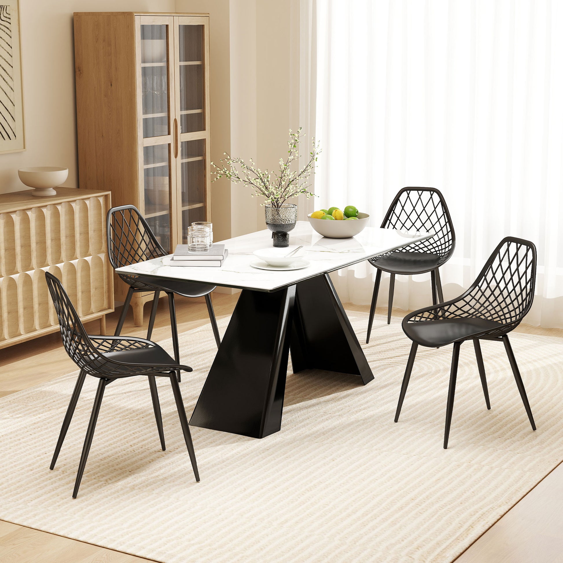 Set of 4 Dining Room Chairs, Modern Kitchen Chairs with Curved Perforated Backrest and Metal Legs, Plastic Chair for Kitchen, Bedroom, and Living Room, Black