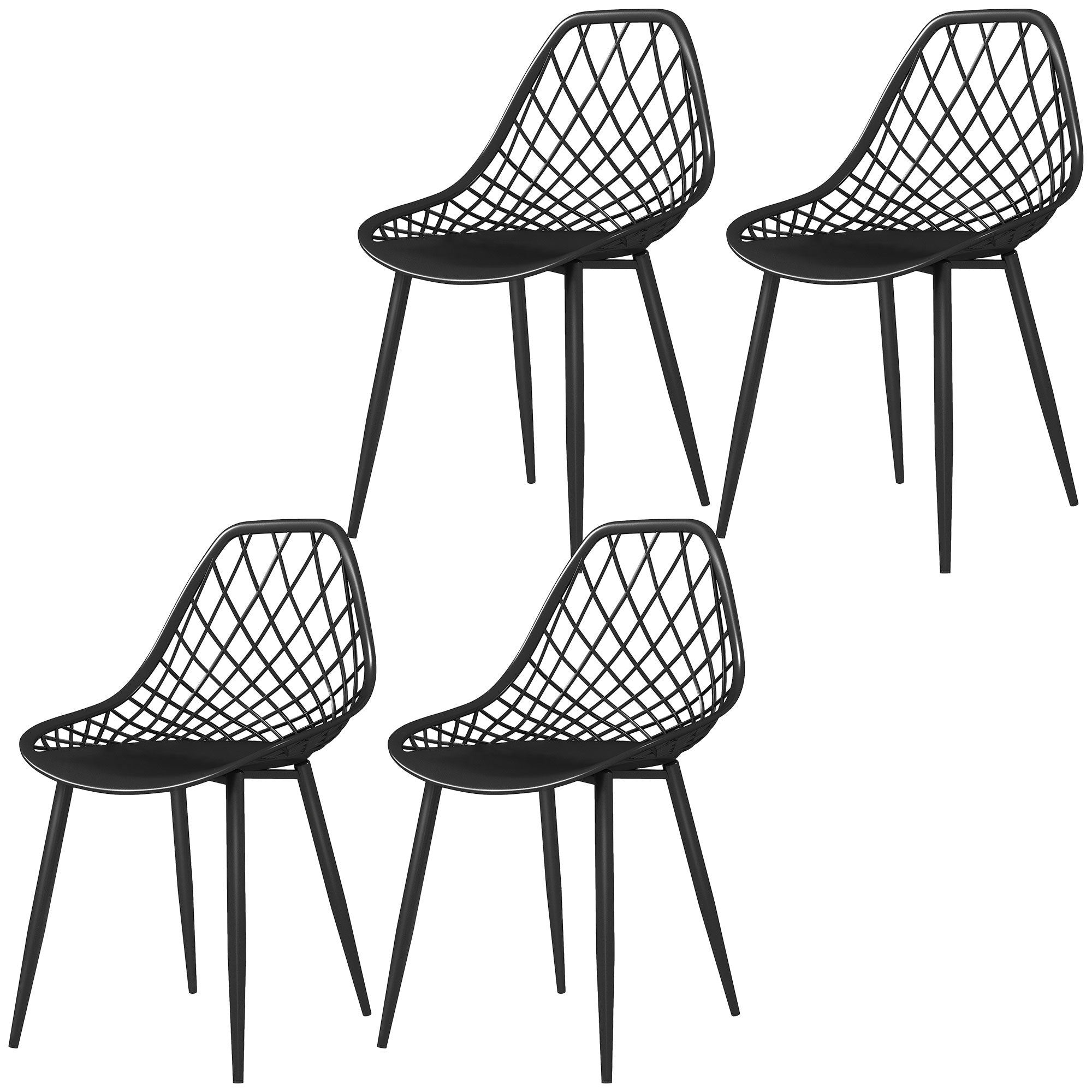 Set of 4 Dining Room Chairs, Modern Kitchen Chairs with Curved Perforated Backrest and Metal Legs, Plastic Chair for Kitchen, Bedroom, and Living Room, Black