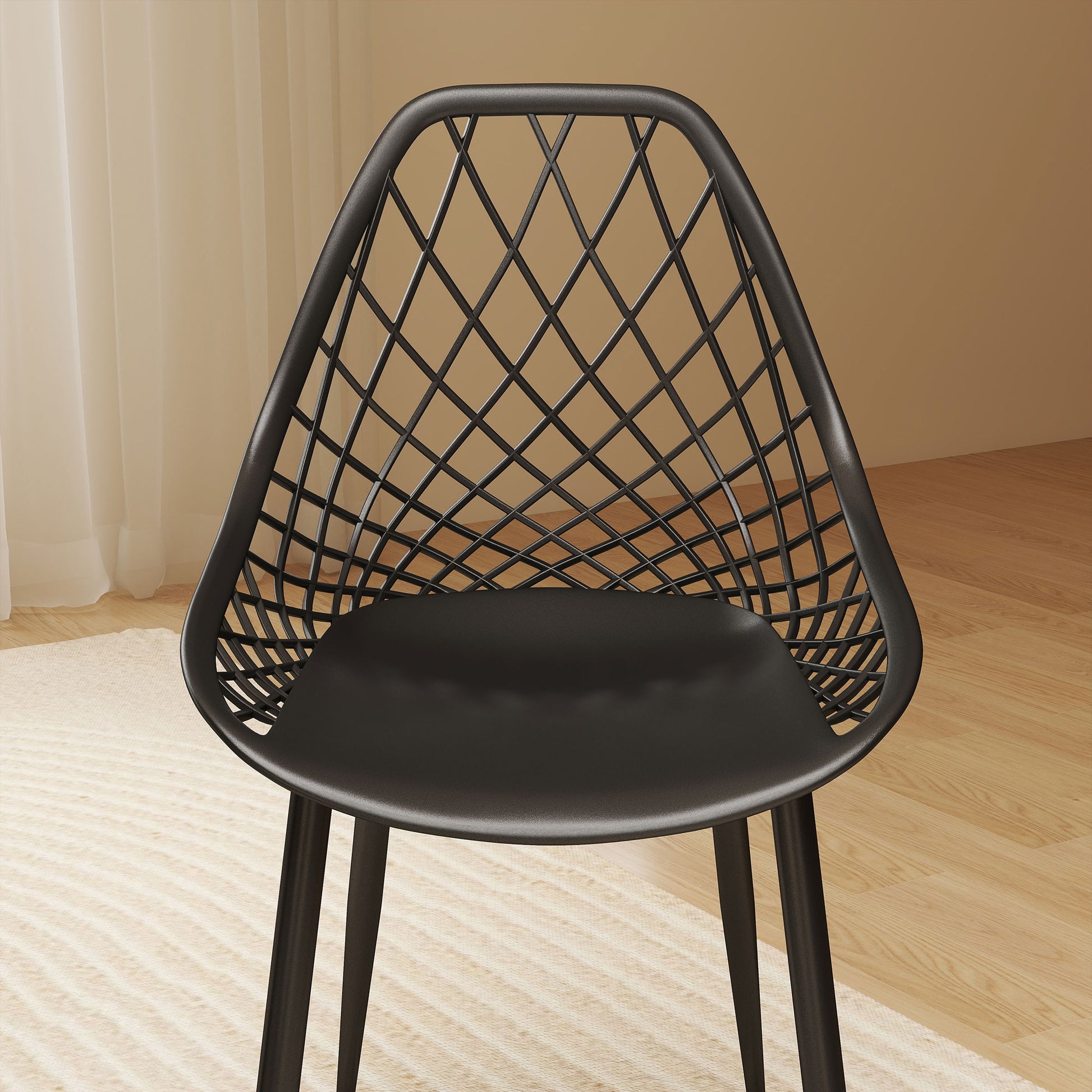 Set of 4 Dining Room Chairs, Modern Kitchen Chairs with Curved Perforated Backrest and Metal Legs, Plastic Chair for Kitchen, Bedroom, and Living Room, Black