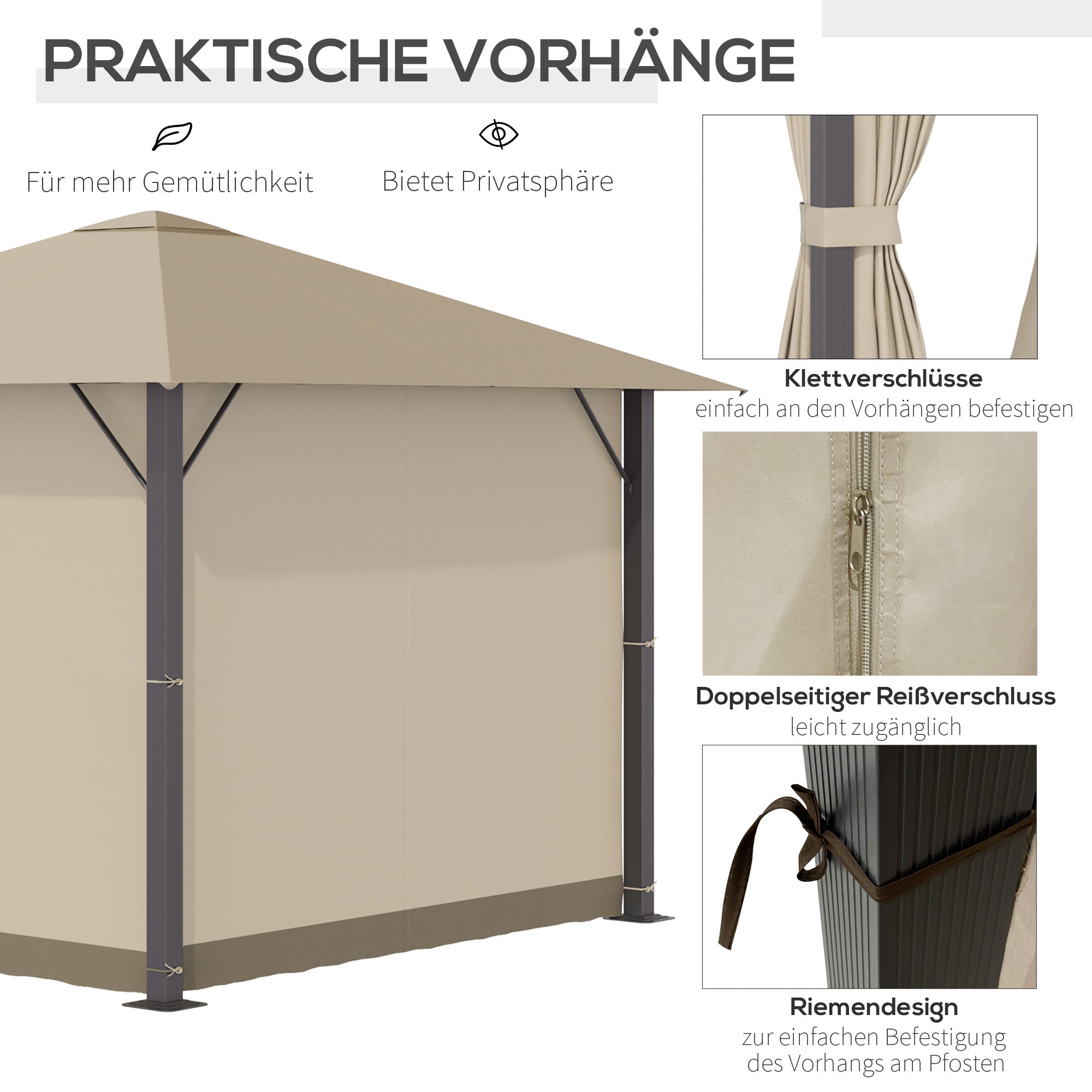 Garden Gazebo 3 x 3 meters Garden Tent Roof with Ventilation Holes Marquee Party Tent with 4 x Side Panels Weatherproof Aluminum Polyester Khaki