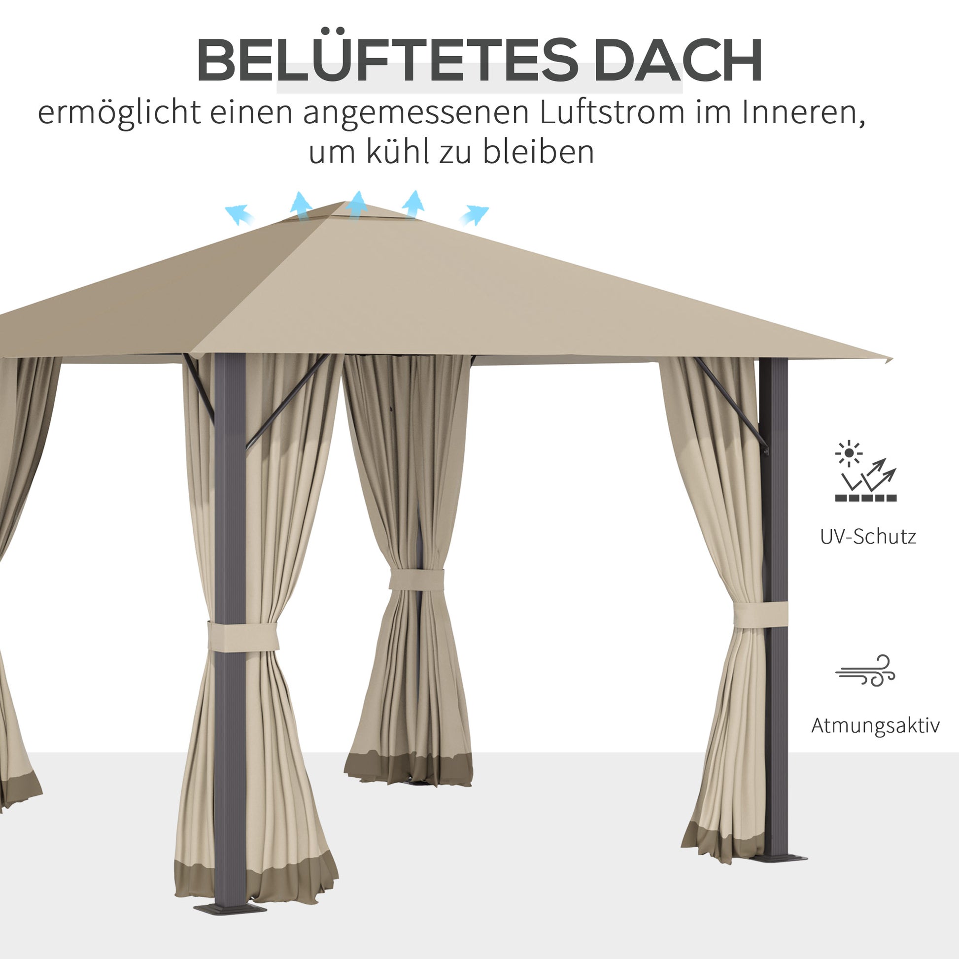 Garden Gazebo 3 x 3 meters Garden Tent Roof with Ventilation Holes Marquee Party Tent with 4 x Side Panels Weatherproof Aluminum Polyester Khaki