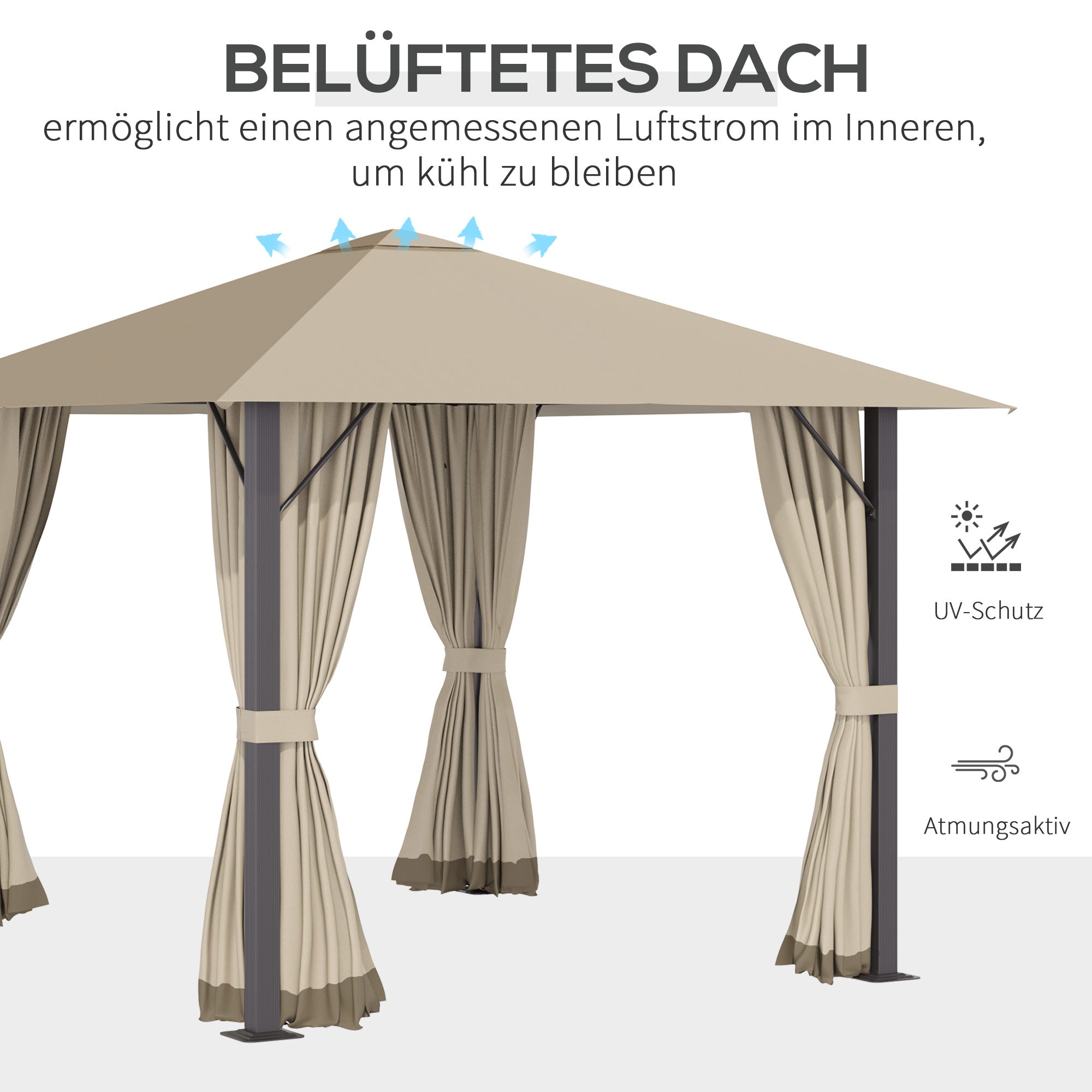 Garden Gazebo 3 x 3 meters Garden Tent Roof with Ventilation Holes Marquee Party Tent with 4 x Side Panels Weatherproof Aluminum Polyester Khaki