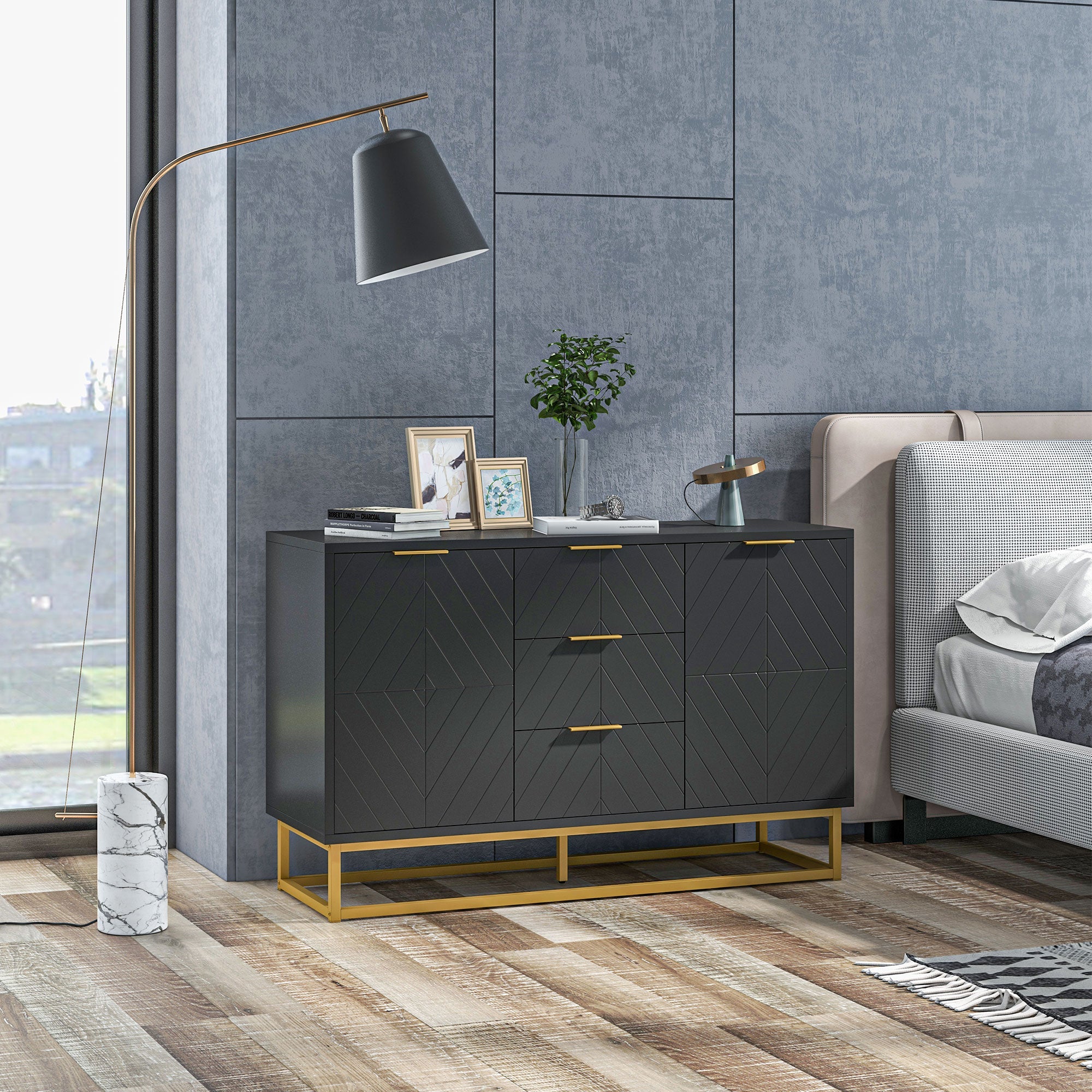 Modern Sideboard Buffet with 3 Drawers 2 Doors and Adjustable Shelf Side Cabinet for Dining Room Kitchen Anti-Tipping 120x40x76 cm Black