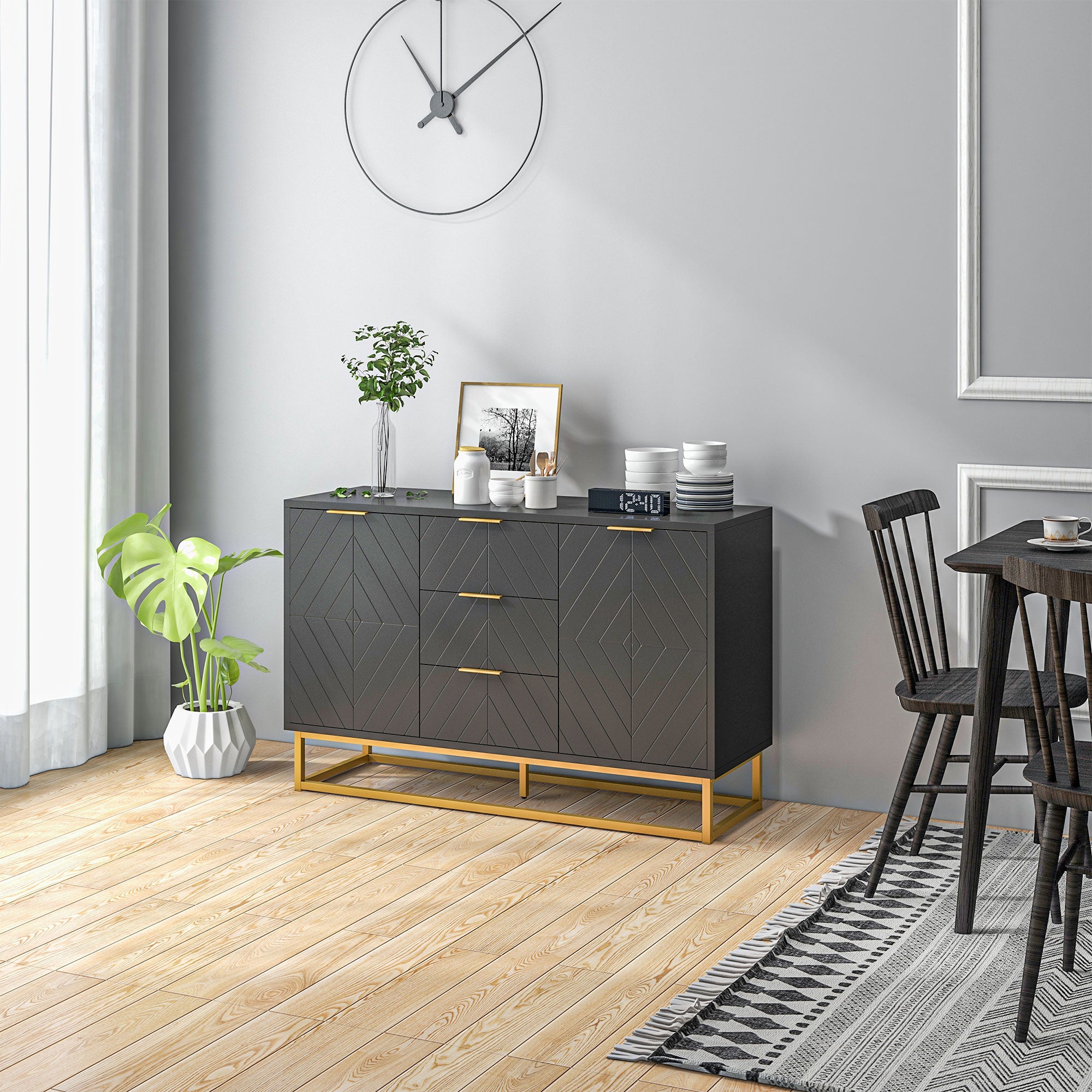 Modern Sideboard Buffet with 3 Drawers 2 Doors and Adjustable Shelf Side Cabinet for Dining Room Kitchen Anti-Tipping 120x40x76 cm Black